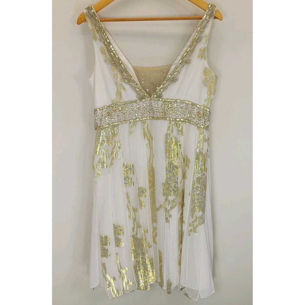 Sue Wong Nocturne Silk Gold Foil Embellished Cocktail Dress Sz 12 Beaded Prom - Picture 4 of 11